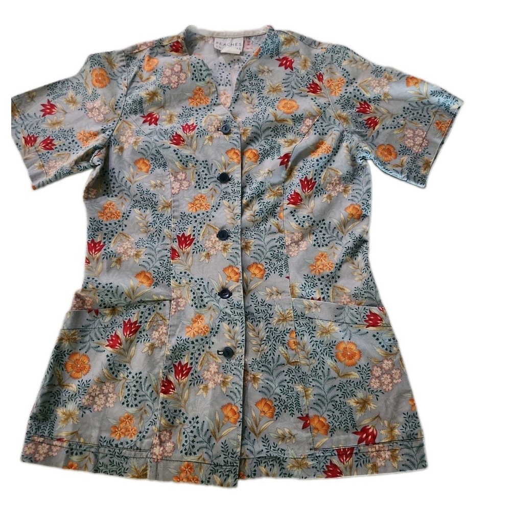 Feminine Autumn/Fall Floral 100% Cotton Buttons Tie Back Scrub Top 36-in Bust XS